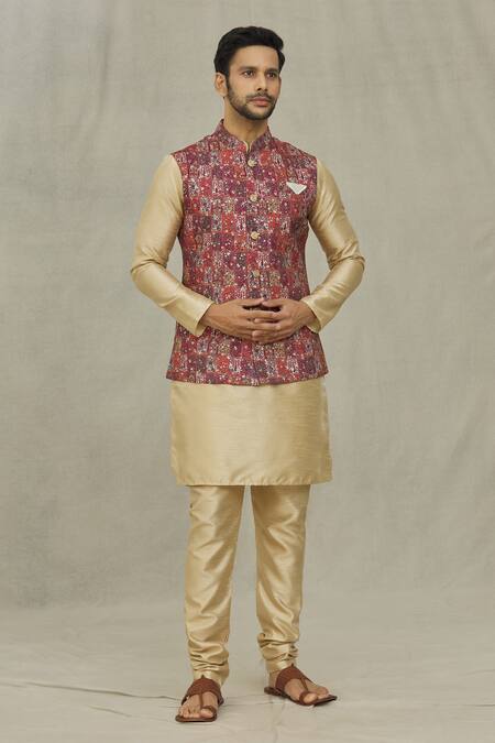 Shop_Arihant Rai Sinha_Maroon Cotton Embroidery Floral Pattern Bundi _Online_at_Aza_Fashions
