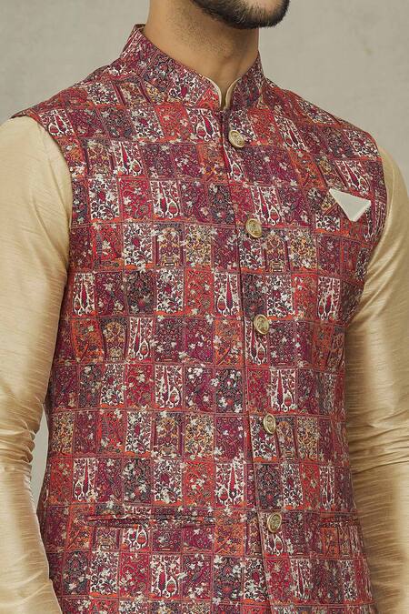 Arihant Rai Sinha_Maroon Cotton Embroidery Floral Pattern Bundi _at_Aza_Fashions