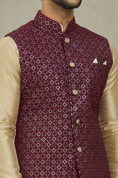 Arihant Rai Sinha Maroon Silk Sequins, Embroidery Bundi at Aza Fashions Arihant Rai Sinha_Maroon Silk Sequins, Embroidery Bundi _at_Aza_Fashions