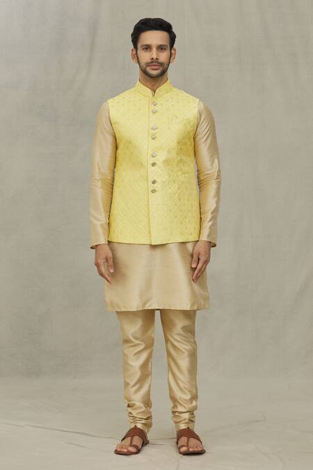Arihant Rai Sinha_Yellow Silk Sequins, Embroidery Geometric Bundi _Online_at_Aza_Fashions