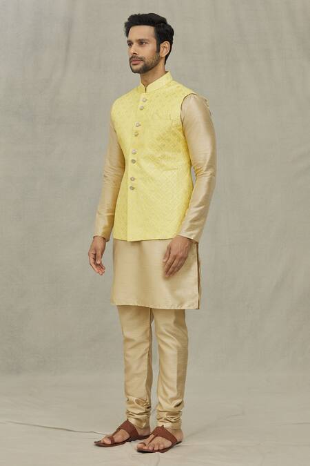 Buy_Arihant Rai Sinha_Yellow Silk Sequins, Embroidery Geometric Bundi _Online_at_Aza_Fashions