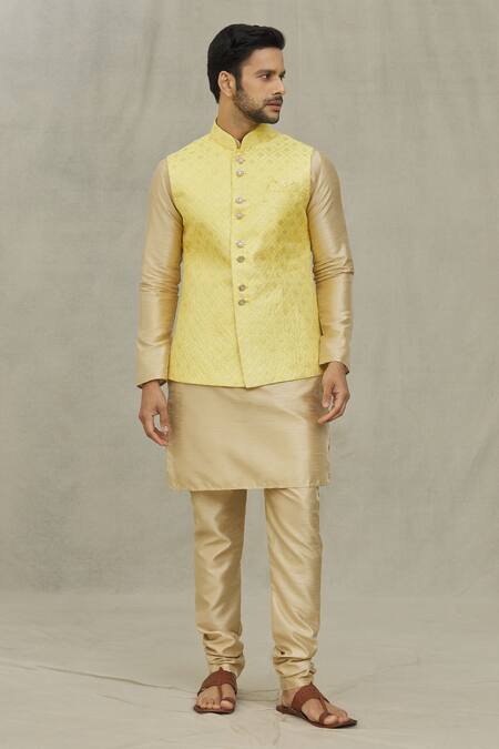 Shop_Arihant Rai Sinha_Yellow Silk Sequins, Embroidery Geometric Bundi _Online_at_Aza_Fashions