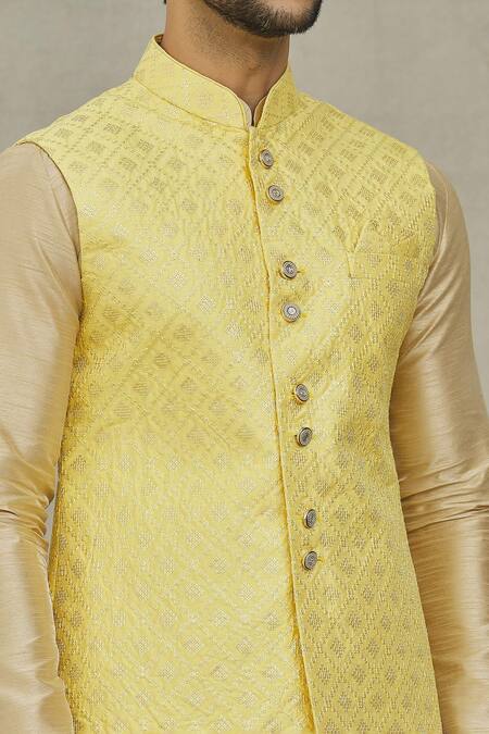 Arihant Rai Sinha_Yellow Silk Sequins, Embroidery Geometric Bundi _at_Aza_Fashions