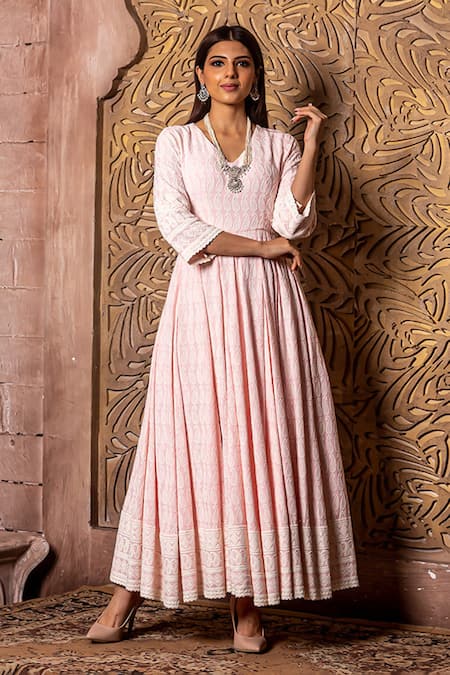 Monk & Mei By Sonia Anand Pink Rayon Embroidery, Sequins Falak Chikankari Paisley Anarkali With Dupatta Online at Aza Fashions Monk & Mei By Sonia Anand_Pink Rayon Embroidery, Sequins Falak Chikankari Paisley Anarkali With Dupatta _Online_at_Aza_Fashions