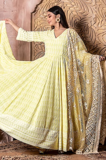 Monk & Mei By Sonia Anand_Yellow Rayon Chains, Sequins Falak Chikankari Embroidered Anarkali With Dupatta _Online_at_Aza_Fashions