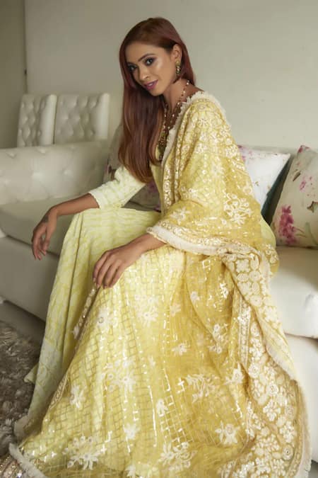 Buy_Monk & Mei By Sonia Anand_Yellow Rayon Chains, Sequins Falak Chikankari Embroidered Anarkali With Dupatta _Online_at_Aza_Fashions