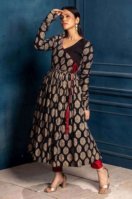 Shop_Monk & Mei By Sonia Anand_Black Cotton Tassels V-neck Raina Hand Block Print Angarakha With Pant _Online_at_Aza_Fashions