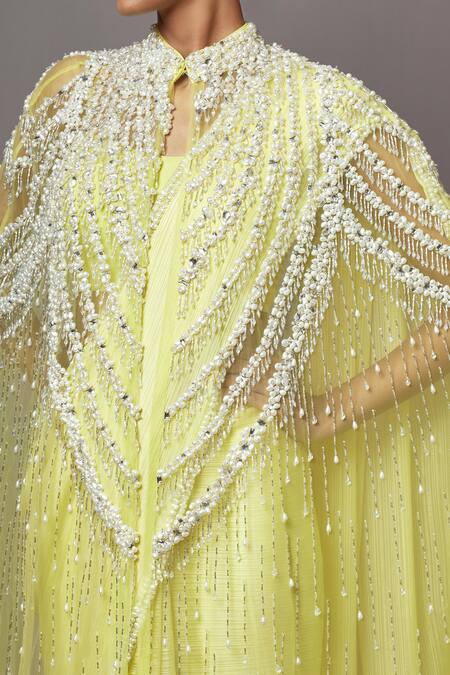 Mala And Kinnary Yellow Georgette, Net Pearls, Baroque Embellished Scallop Cape Saree Set Online at Aza Fashions Mala And Kinnary_Yellow Georgette, Net Pearls, Baroque Embellished Scallop Cape Saree Set_Online_at_Aza_Fashions