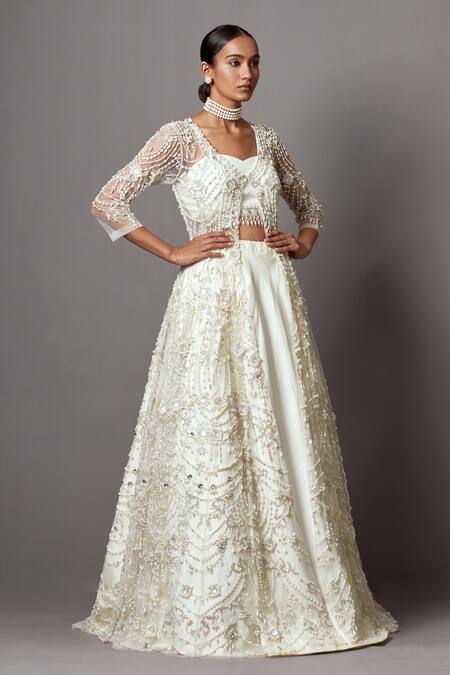 Buy_Mala And Kinnary_Ivory Net, Taffeta Pearls, Crystals, Scalloped Embroidered Jacket Lehenga Set_Online_at_Aza_Fashions