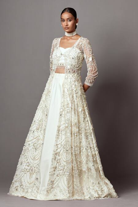 Shop_Mala And Kinnary_Ivory Net, Taffeta Pearls, Crystals, Scalloped Embroidered Jacket Lehenga Set_Online_at_Aza_Fashions