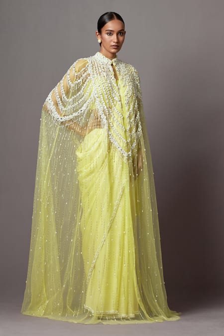 Mala and Kinnary Yellow Net Embellished Sequin Cape Baroque Pearl Scallop Saree Set 