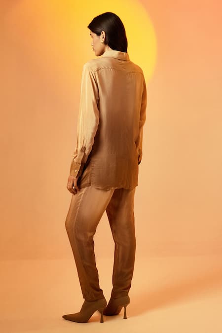 Shop Echostudio Brown Crepe Collared Latte Ombre Shirt And Pant Set at Aza Fashions Shop_Echostudio_Brown Crepe Collared Latte Ombre Shirt And Pant Set _at_Aza_Fashions