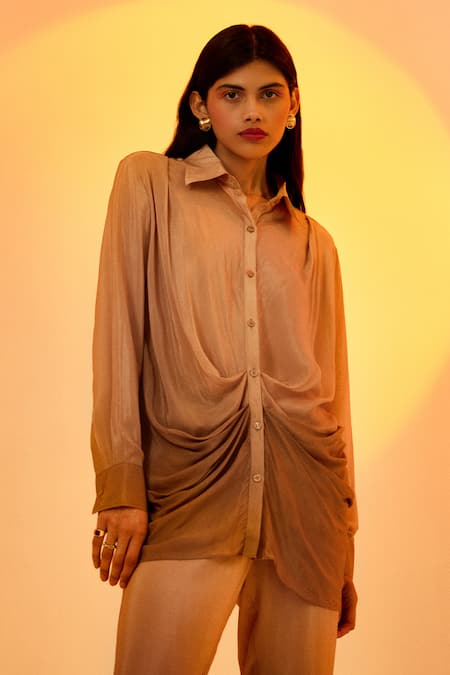 Buy Echostudio Brown Crepe Collared Latte Ombre Shirt And Pant Set Online at Aza Fashions Buy_Echostudio_Brown Crepe Collared Latte Ombre Shirt And Pant Set _Online_at_Aza_Fashions