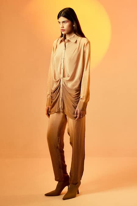 Shop Echostudio Brown Crepe Collared Latte Ombre Shirt And Pant Set Online at Aza Fashions Shop_Echostudio_Brown Crepe Collared Latte Ombre Shirt And Pant Set _Online_at_Aza_Fashions