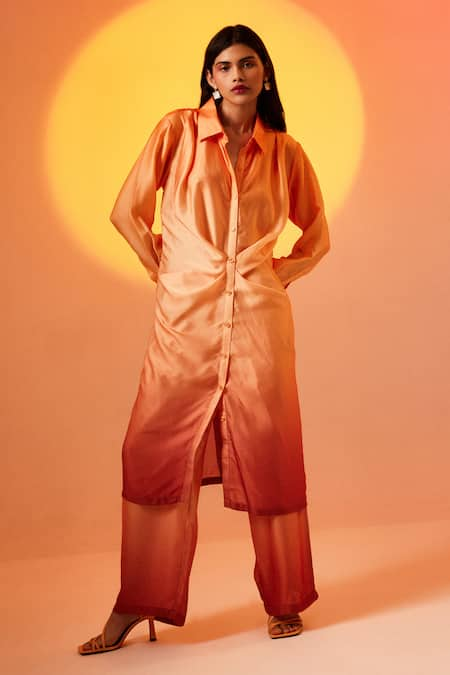 Echostudio Orange Crepe Plain Spread Collar Mimosa Ombre Shirt Tunic And Pant Set  