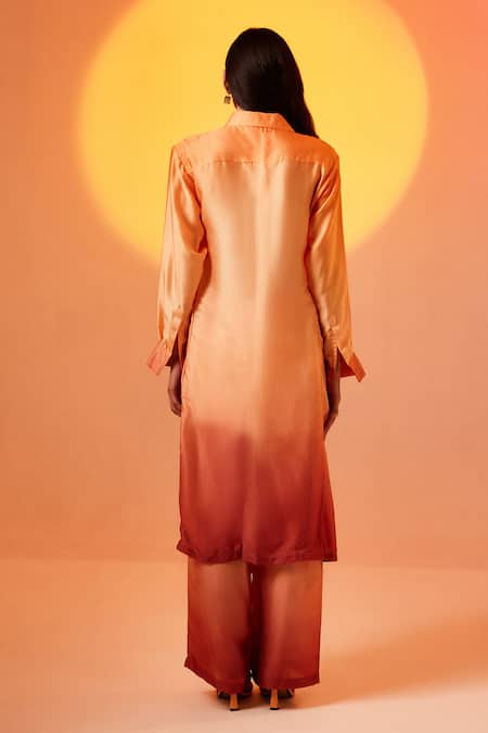 Shop Echostudio Orange Crepe Plain Spread Collar Ombre Shirt Tunic And Pant Set at Aza Fashions Shop_Echostudio_Orange Crepe Plain Spread Collar Ombre Shirt Tunic And Pant Set _at_Aza_Fashions