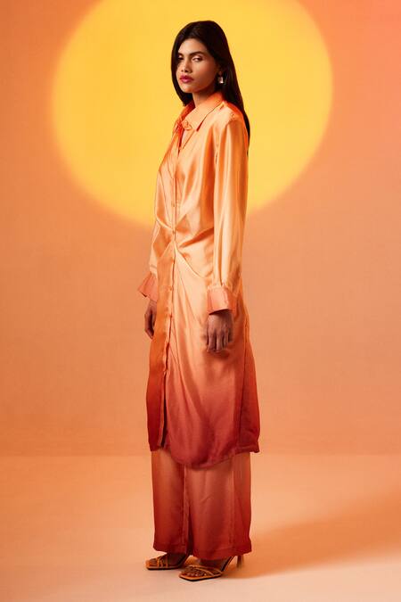 Echostudio Orange Crepe Plain Spread Collar Ombre Shirt Tunic And Pant Set Online at Aza Fashions Echostudio_Orange Crepe Plain Spread Collar Ombre Shirt Tunic And Pant Set _Online_at_Aza_Fashions