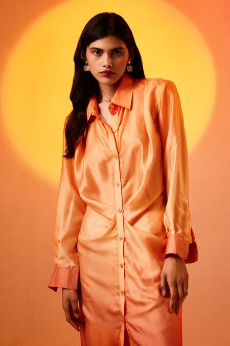 Buy Echostudio Orange Crepe Plain Spread Collar Ombre Shirt Tunic And Pant Set Online at Aza Fashions Buy_Echostudio_Orange Crepe Plain Spread Collar Ombre Shirt Tunic And Pant Set _Online_at_Aza_Fashions