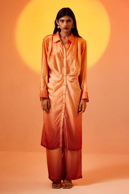 Shop Echostudio Orange Crepe Plain Spread Collar Ombre Shirt Tunic And Pant Set Online at Aza Fashions Shop_Echostudio_Orange Crepe Plain Spread Collar Ombre Shirt Tunic And Pant Set _Online_at_Aza_Fashions