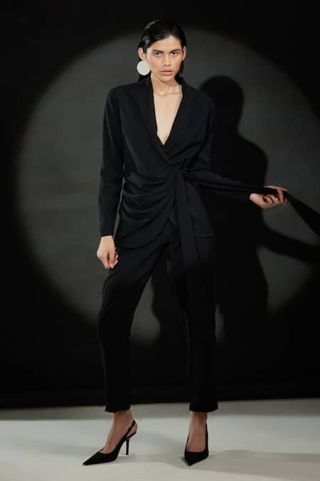 Echostudio Black Crepe Plain Lapel Collar Blazer And Pant Set 