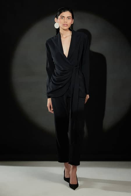 Echostudio_Black Crepe Lapel Collar Blazer And Pant Set _Online_at_Aza_Fashions