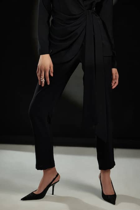 Shop_Echostudio_Black Crepe Lapel Collar Blazer And Pant Set _Online_at_Aza_Fashions