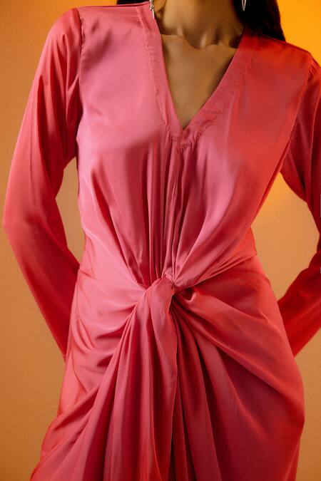 Echostudio_Pink Satin V-neck Full Sleeve Draped Dress _at_Aza_Fashions