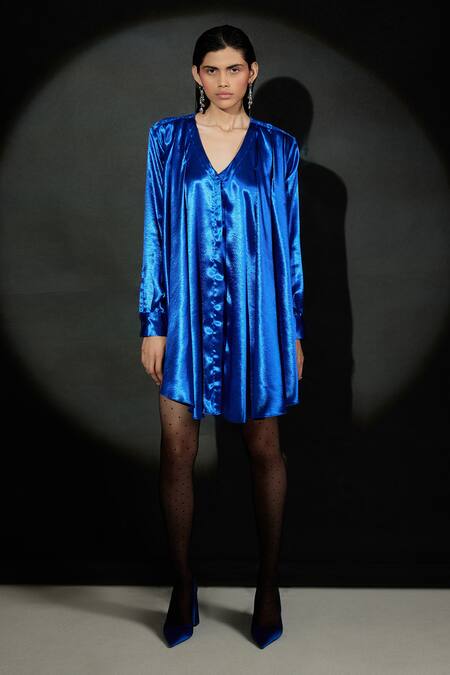 Echostudio_Blue Satin V-neck Patrona Dress _Online_at_Aza_Fashions