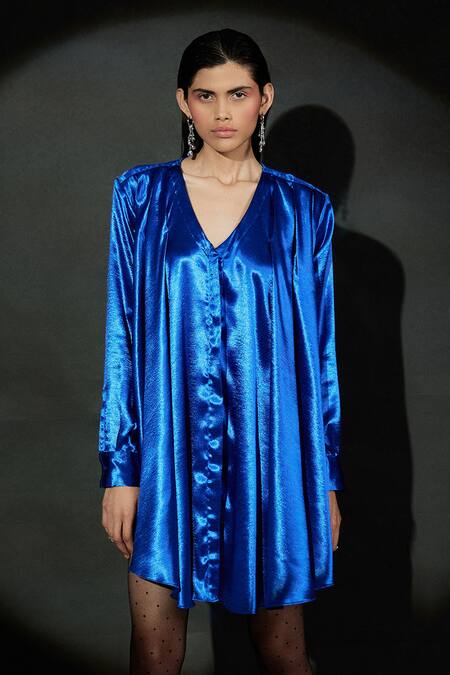 Buy_Echostudio_Blue Satin V-neck Patrona Dress _Online_at_Aza_Fashions