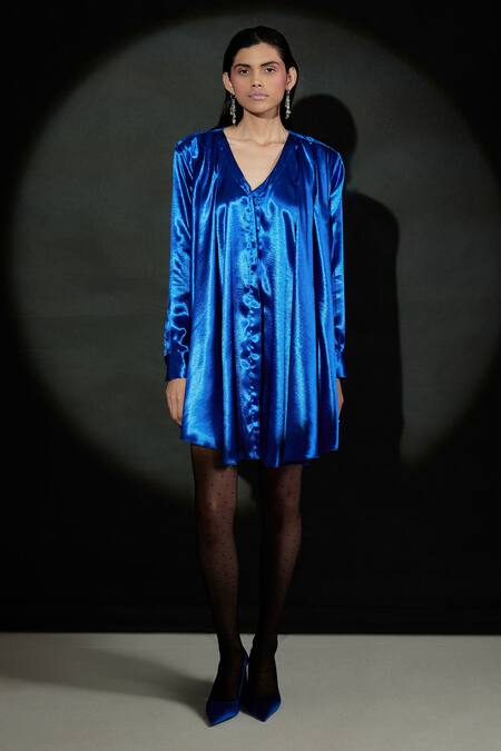 Echostudio_Blue Satin V-neck Patrona Dress _at_Aza_Fashions