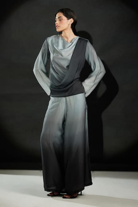 Echostudio_Black Satin Cowl Neck Ombre Draped Top And Flared Pant Set _Online_at_Aza_Fashions