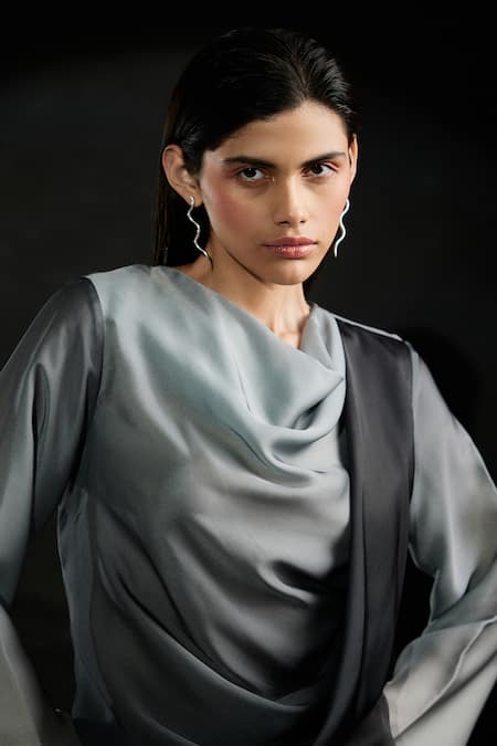Buy_Echostudio_Black Satin Cowl Neck Ombre Draped Top And Flared Pant Set _Online_at_Aza_Fashions