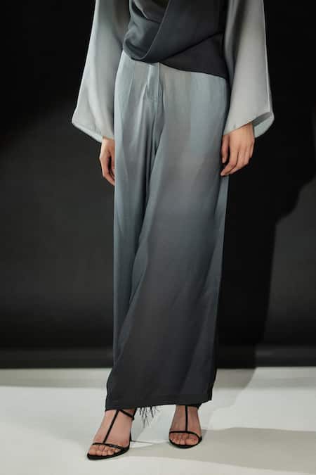 Shop_Echostudio_Black Satin Cowl Neck Ombre Draped Top And Flared Pant Set _Online_at_Aza_Fashions
