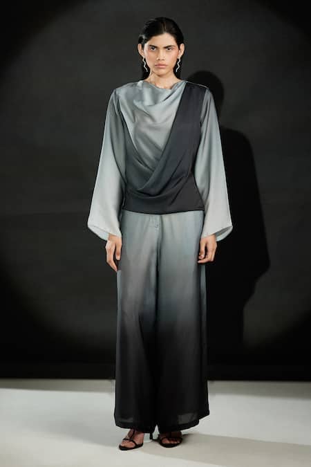 Echostudio_Black Satin Cowl Neck Ombre Draped Top And Flared Pant Set _at_Aza_Fashions