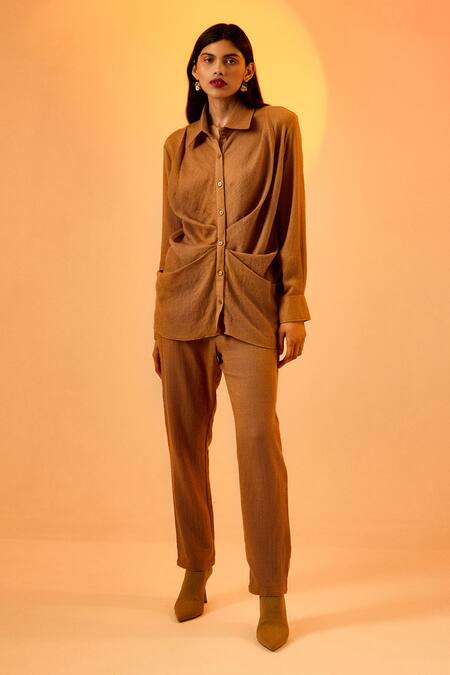 Echostudio_Brown Wool Collared Draped Shirt And Pant Set_Online_at_Aza_Fashions