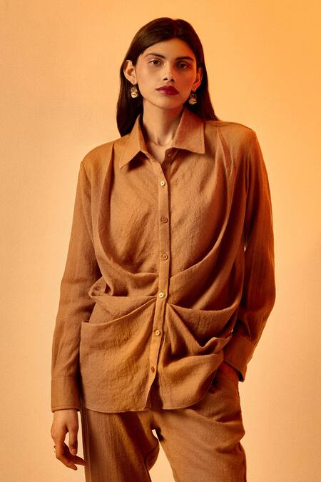Shop_Echostudio_Brown Wool Collared Draped Shirt And Pant Set_Online_at_Aza_Fashions