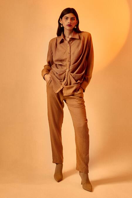 Echostudio_Brown Wool Collared Draped Shirt And Pant Set_at_Aza_Fashions