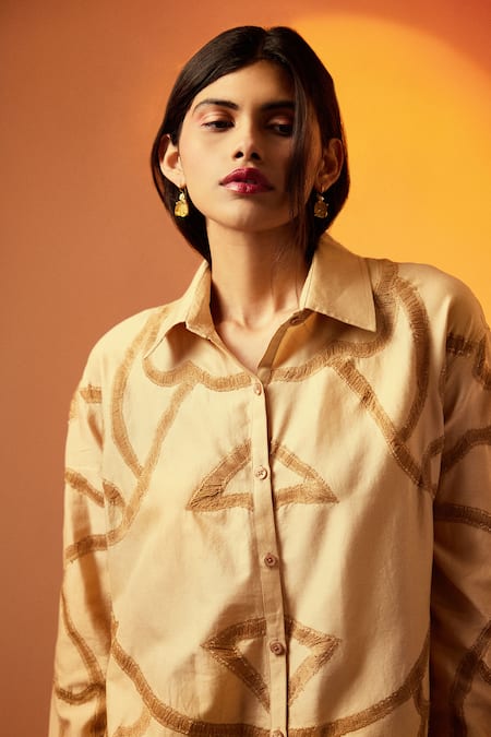 Echostudio_Beige Silk Embroidery Collared Thread Work Shirt _Online_at_Aza_Fashions