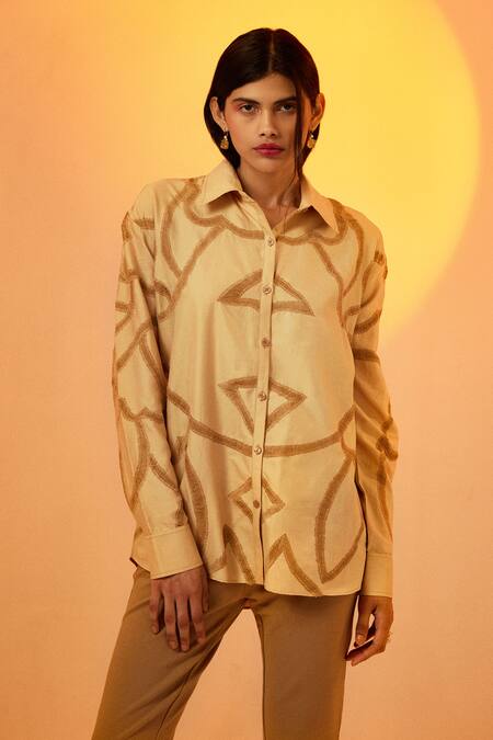 Shop_Echostudio_Beige Silk Embroidery Collared Thread Work Shirt _Online_at_Aza_Fashions