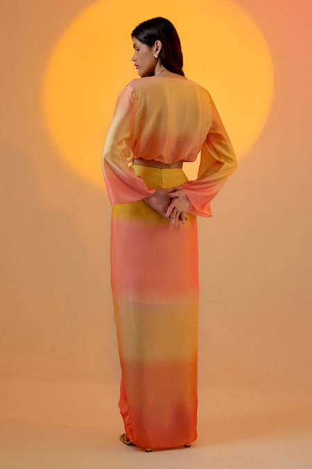 Shop Echostudio Pink Satin Cowl Neck Ombre Crop Top And Skirt Set at Aza Fashions Shop_Echostudio_Pink Satin Cowl Neck Ombre Crop Top And Skirt Set _at_Aza_Fashions