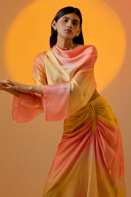 Echostudio Pink Satin Cowl Neck Ombre Crop Top And Skirt Set Online at Aza Fashions Echostudio_Pink Satin Cowl Neck Ombre Crop Top And Skirt Set _Online_at_Aza_Fashions