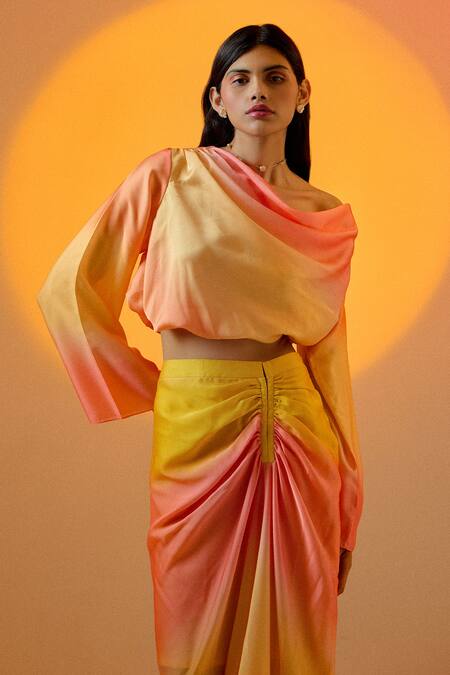 Buy Echostudio Pink Satin Cowl Neck Ombre Crop Top And Skirt Set Online at Aza Fashions Buy_Echostudio_Pink Satin Cowl Neck Ombre Crop Top And Skirt Set _Online_at_Aza_Fashions