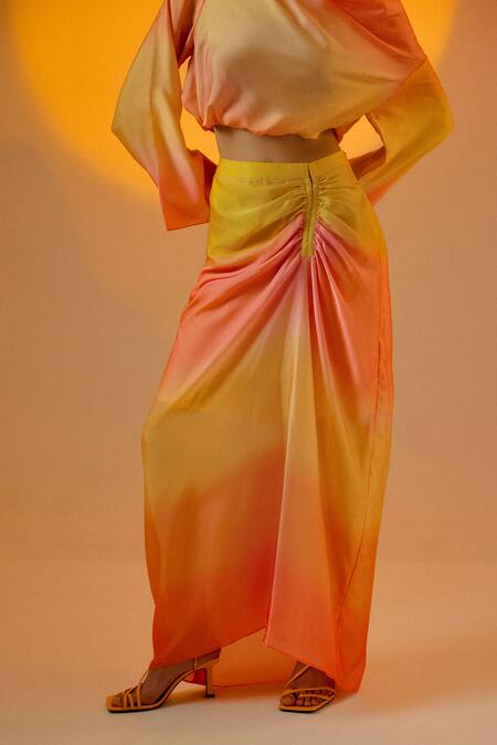 Shop Echostudio Pink Satin Cowl Neck Ombre Crop Top And Skirt Set Online at Aza Fashions Shop_Echostudio_Pink Satin Cowl Neck Ombre Crop Top And Skirt Set _Online_at_Aza_Fashions