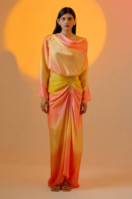 Echostudio Pink Satin Cowl Neck Ombre Crop Top And Skirt Set at Aza Fashions Echostudio_Pink Satin Cowl Neck Ombre Crop Top And Skirt Set _at_Aza_Fashions