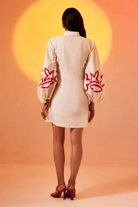 Shop Echostudio White Cotton, Chanderi Embroidery Collared Floral Sleeve Dress at Aza Fashions Shop_Echostudio_White Cotton, Chanderi Embroidery Collared Floral Sleeve Dress_at_Aza_Fashions
