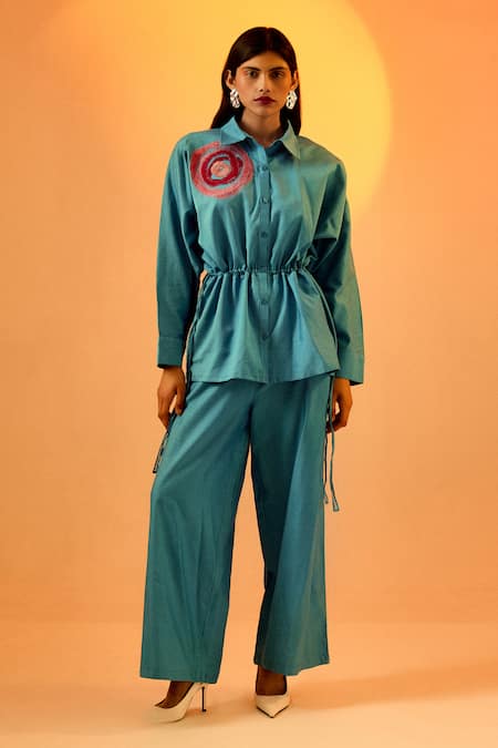 Echostudio Blue Silk Embroidery Thread Spread Collar Blossom Shirt And Pant Set 