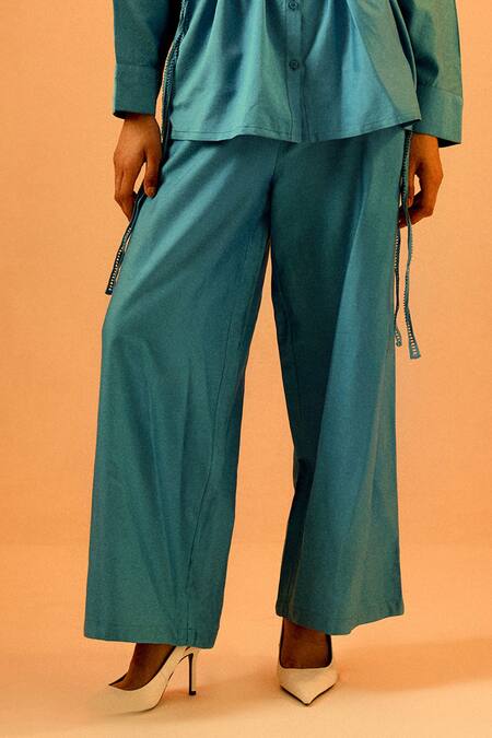 Echostudio_Blue Silk Embroidery Collared Blossom Shirt And Pant Set _Online_at_Aza_Fashions
