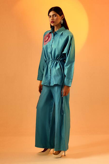 Buy_Echostudio_Blue Silk Embroidery Collared Blossom Shirt And Pant Set _Online_at_Aza_Fashions