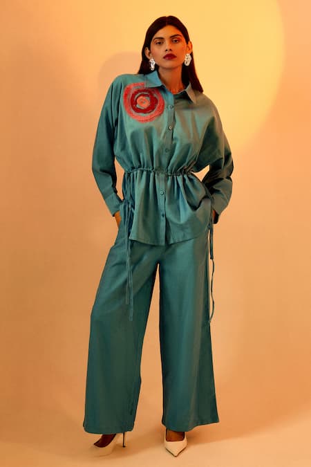 Shop_Echostudio_Blue Silk Embroidery Collared Blossom Shirt And Pant Set _Online_at_Aza_Fashions