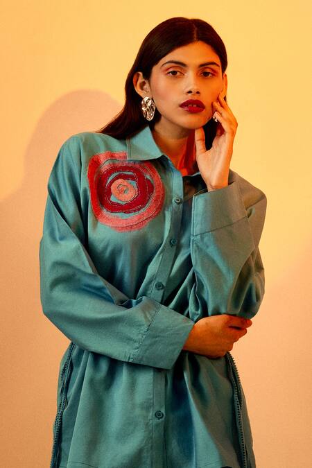 Echostudio_Blue Silk Embroidery Collared Blossom Shirt And Pant Set _at_Aza_Fashions